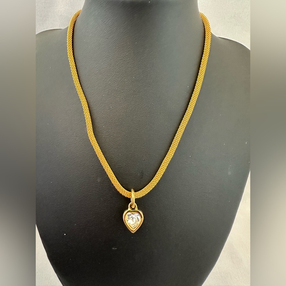 Anne Klein II gold tone mesh chain necklace with rhinestone heart charm